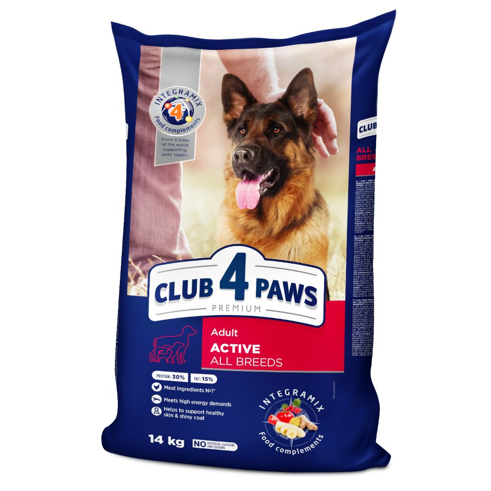 CLUB 4 PAWS ACTIVE Пълноценна, премиум храна за възрастни, активни кучета от всички породи 14кг.
