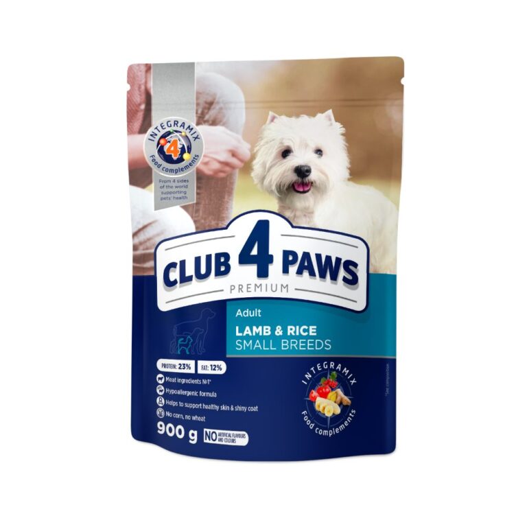 CLUB 4 PAWS DOG MINI ADULT WITH LAMB AND RICE Премиум, пълноценна суха храна за възрастни кучета от дребни породи с агнешко и ориз 14кг.