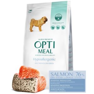 OPTIMEAL DOG MEDIUM AND MAXI ADULT HYPOALERGENIC WITN SALMON 12 КГ. – Хипоалергенна храна за кучета от средни и едри породи със сьомга