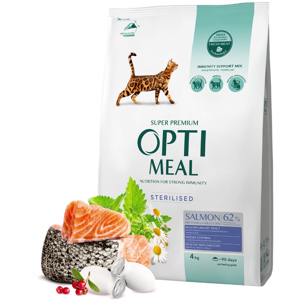 OPTIMEAL CAT ADULT STERILISED WITH SALMON-Супер премиум храна за кастрирани котки със сьмга 4 кг.