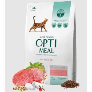 OPTIMEAL CAT ADULT STERILISED WITH BEEF AND SORGHUM Супер премиум храна за кастрирани котки с говеждо месо и сорго 4кг.
