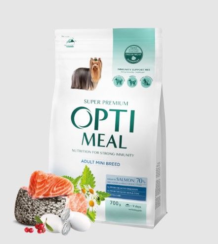 OPTIMEAL DOG ADULT FOR MINIATURE BREEDS WITH SALMON – Храна за миниатюрни породи кучета със Сьомга 4кг.
